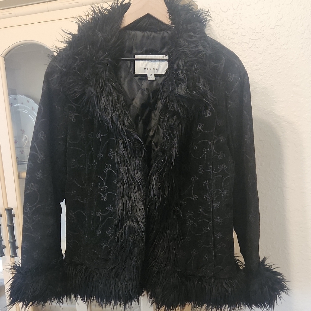 Wilson Leather Maxima Black Faux Fur Embroidered Suede Jacket